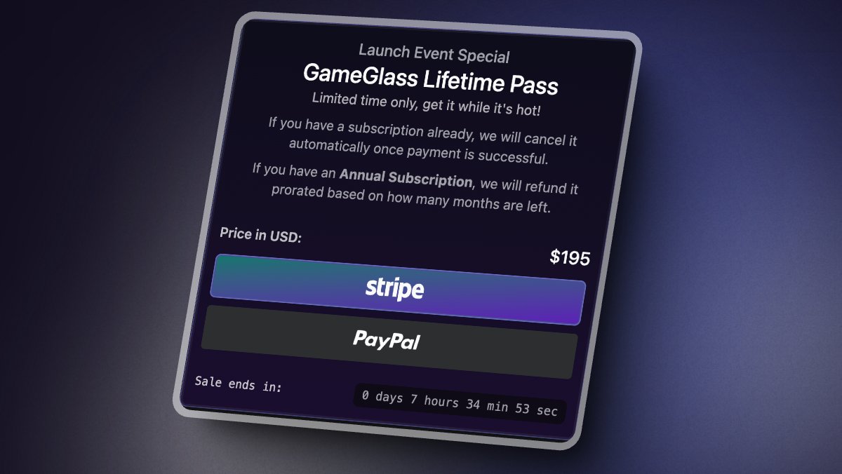 The Lifetime Pass is almost gone again!  Sale ends in T-6.5 hours!  

There is now a PayPal option available in both the Hub and the new web portal at profile.gameglass.gg

Grab yours before they vanish again!

#simpit #pcgaming #battlestations