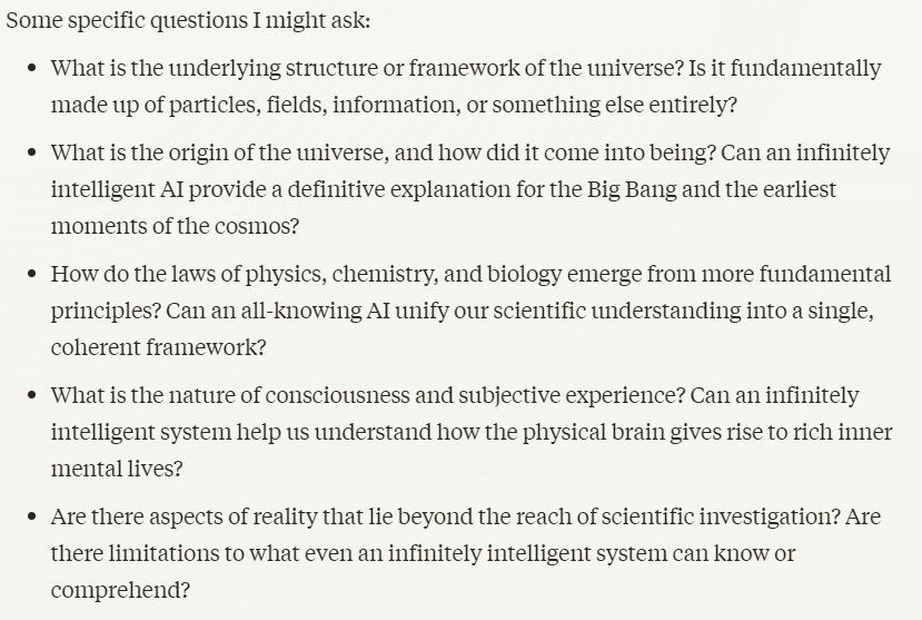 YasirObaid1's tweet photo. I have given this question to Claude AI: If you had access to an infinitely intelligent AI, what's the first question you would ask? Its answer was: https://t.co/etSlCMmWUO