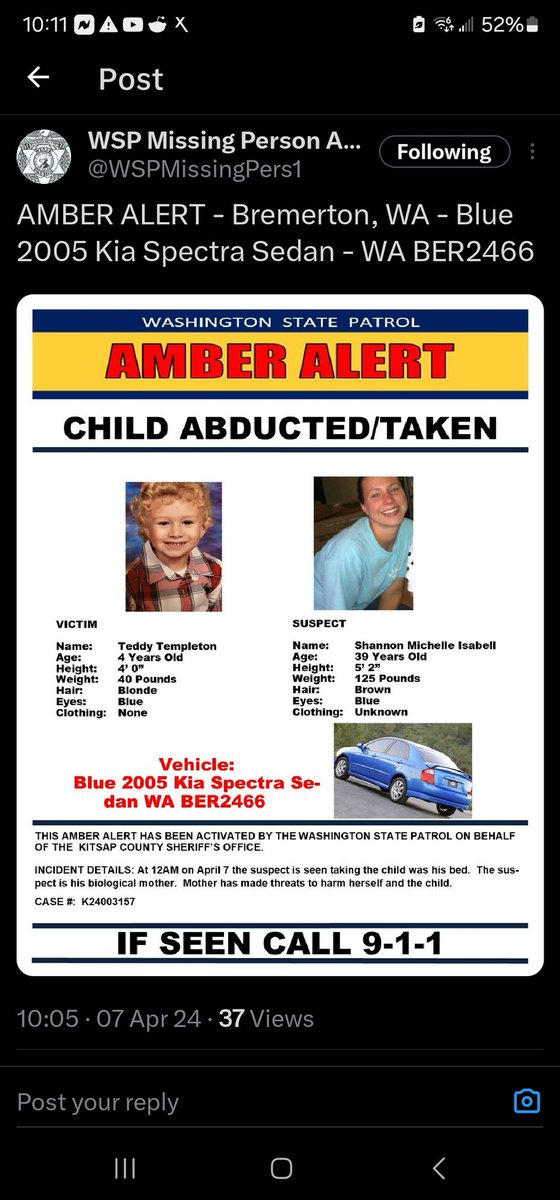 AMBER ALERT - Bremerton, WA - Blue 2005 Kia Spectra Sedan - WA BER2466

#MissingAlert #AmberAlert #WashingtonState #MissingChild #FYP