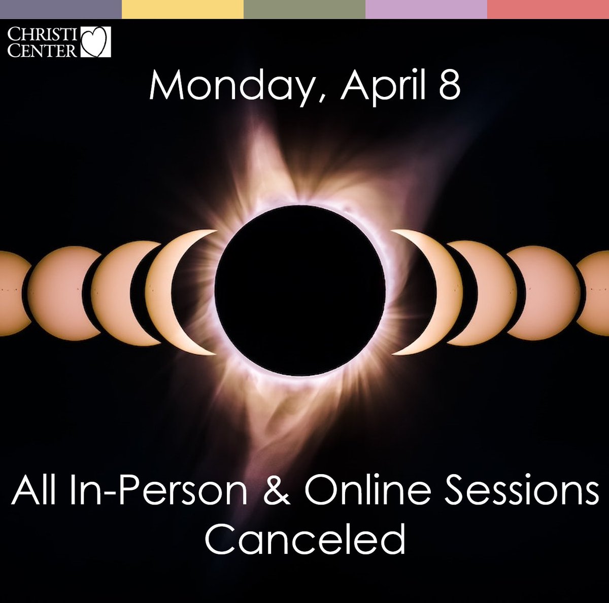 Christi Center, Monday April 8

Notice:
In anticipation of traffic and operational challenges due to the eclipse, all in-person and online peer-group sessions are canceled for Monday, April 8, 2024.

Subsequent sessions will be held as scheduled.
ChristiCenter.org/calendar