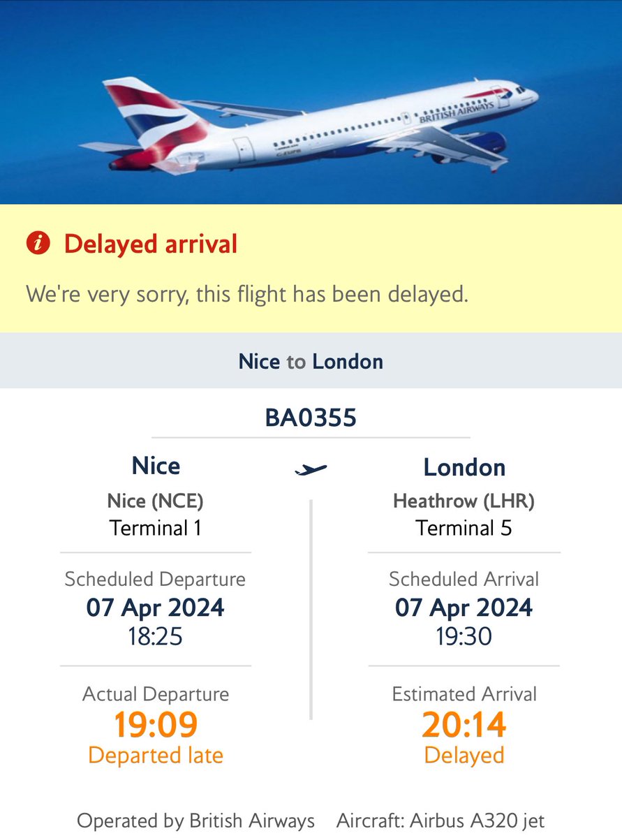 Once again @British_Airways you say we’ve left NCE but we haven’t. We have an ATC restriction and haven’t pushed back a cm from the gate. Annoying you continue to fudge the figures.