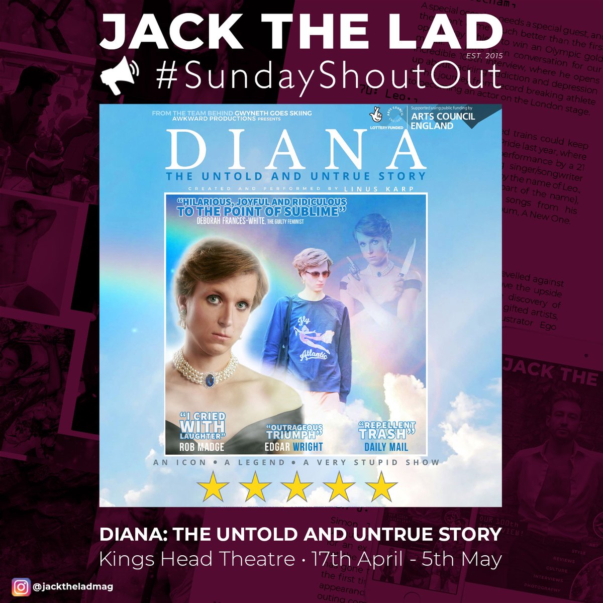 #SundayShoutout Here's the real scoop...having garnered a full five stars from Jack The Lad during its original run, we are delighted to see the return of Diana: The Untold And Untrue Story from Awkward Productions. We'll definitely be going to The Kings Head for second helpings!