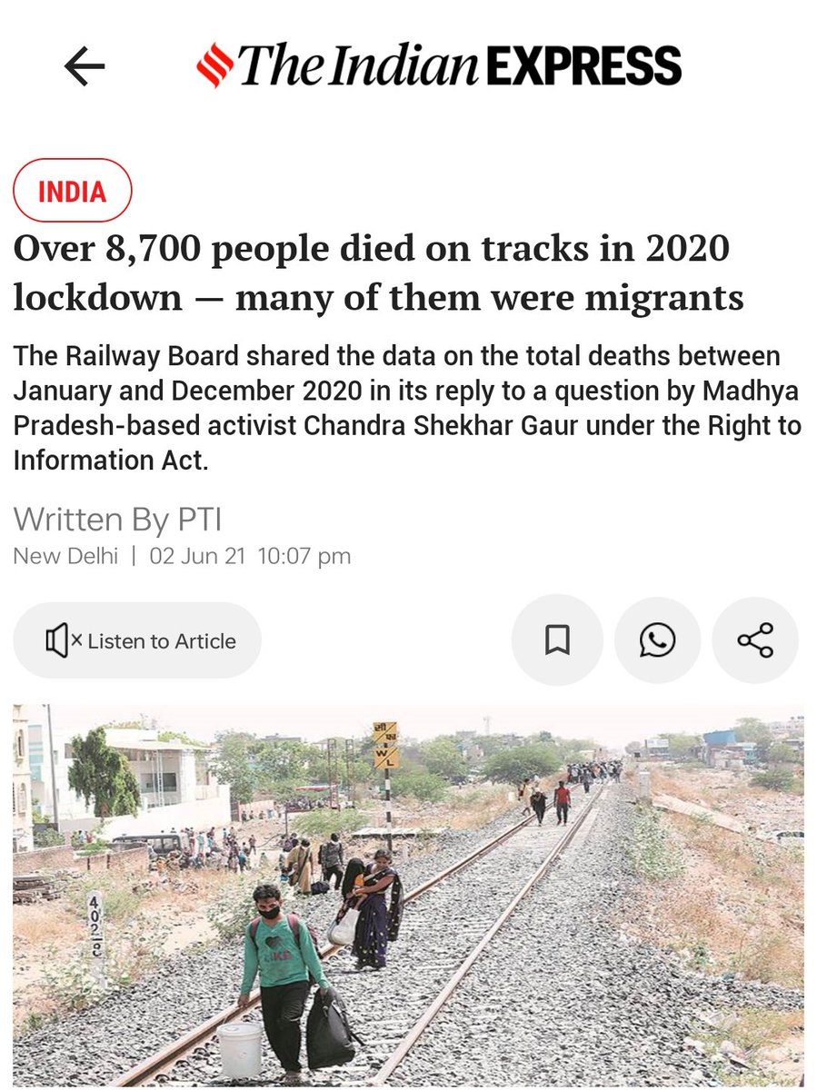 Sept 2020 the Govt told Par that there is no data available on the deaths & job losses among migrant workers due to the imposition of the lockdown.

Article14 documented 989 deaths.
In 2021 an RTI revealed only on Rail tracks 8700 people lost lives in 2020, many migrants. 16/19