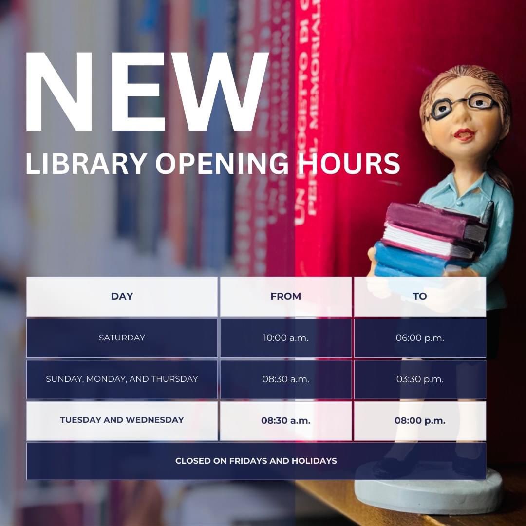 Starting immediately after the Eid holidays, we are delighted to welcome you to our #library with our new extended hours as below. We are confident that this new schedule will better suit your needs, offering enhanced access to our resources and facilities during the evenings.