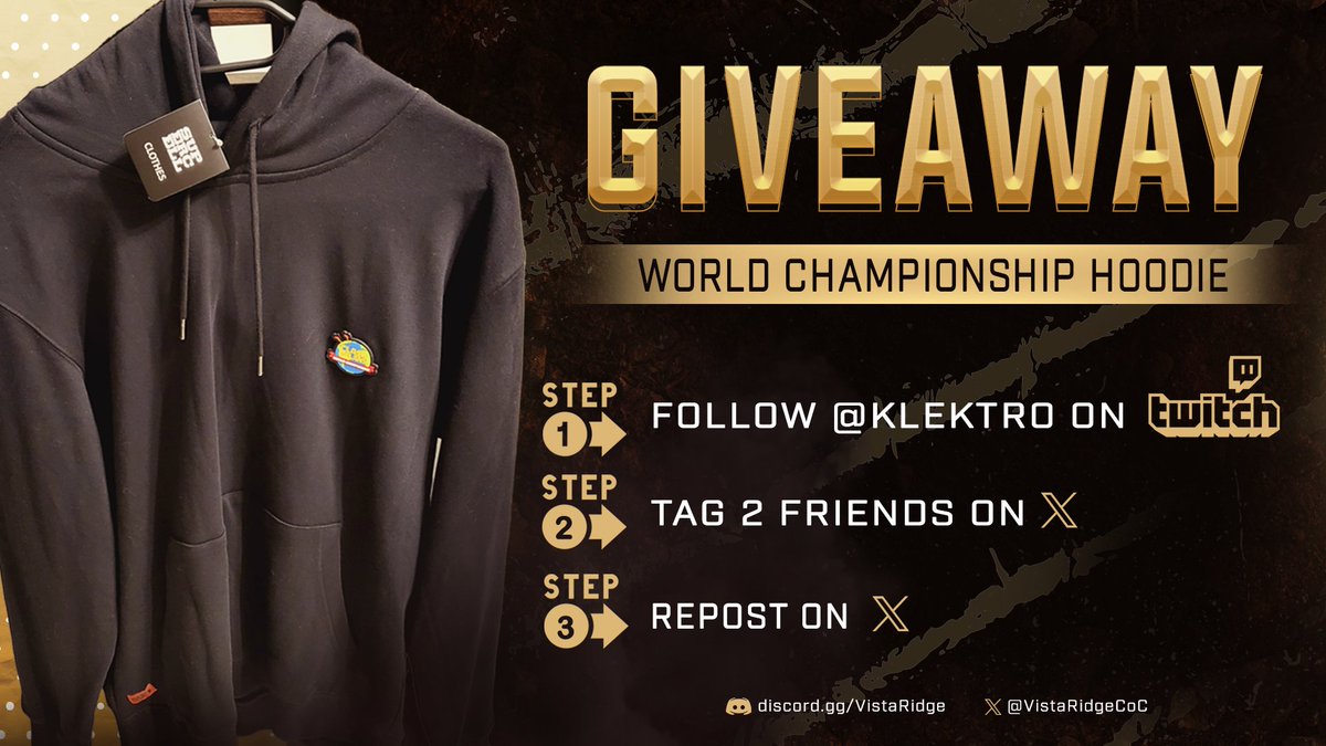 🎉 Championship Hoodie Giveaway 🎉
Enter to win an official Clash World Championship hoodie!

🎁 Giveaway
▪️ 1x "World Championship" Limited Edition
▪️ Size: XL 175/96A
▪️ Live draw April 26 @ 6:00 PM UTC
✅ Steps to Enter
▪️ Follow Klektro twitch.tv/klektro
▪️ Tag 2