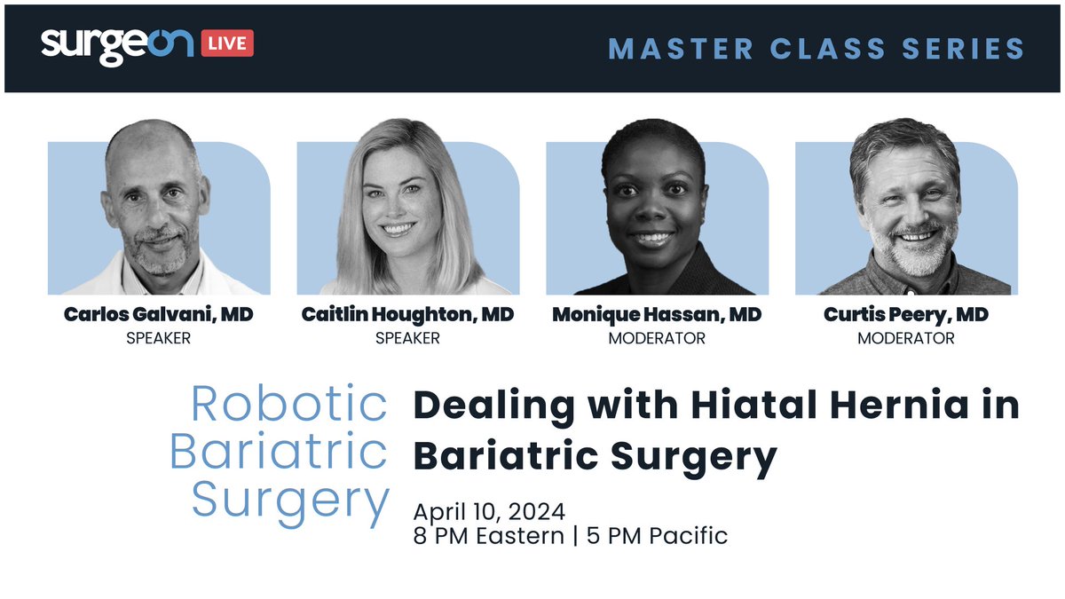 Happening this coming Wednesday! Join us at SurgeOn Live at 8 PM ET for the Dealing with Hiatal Hernia in Bariatric Surgery! Don't miss this! Speakers: @CarlosCgalvani @caithoughton13 Moderators: @drmoniquehassan @CurtisPeeryMD Watch livestream here: share.surgeonapp.com/public/share/1…