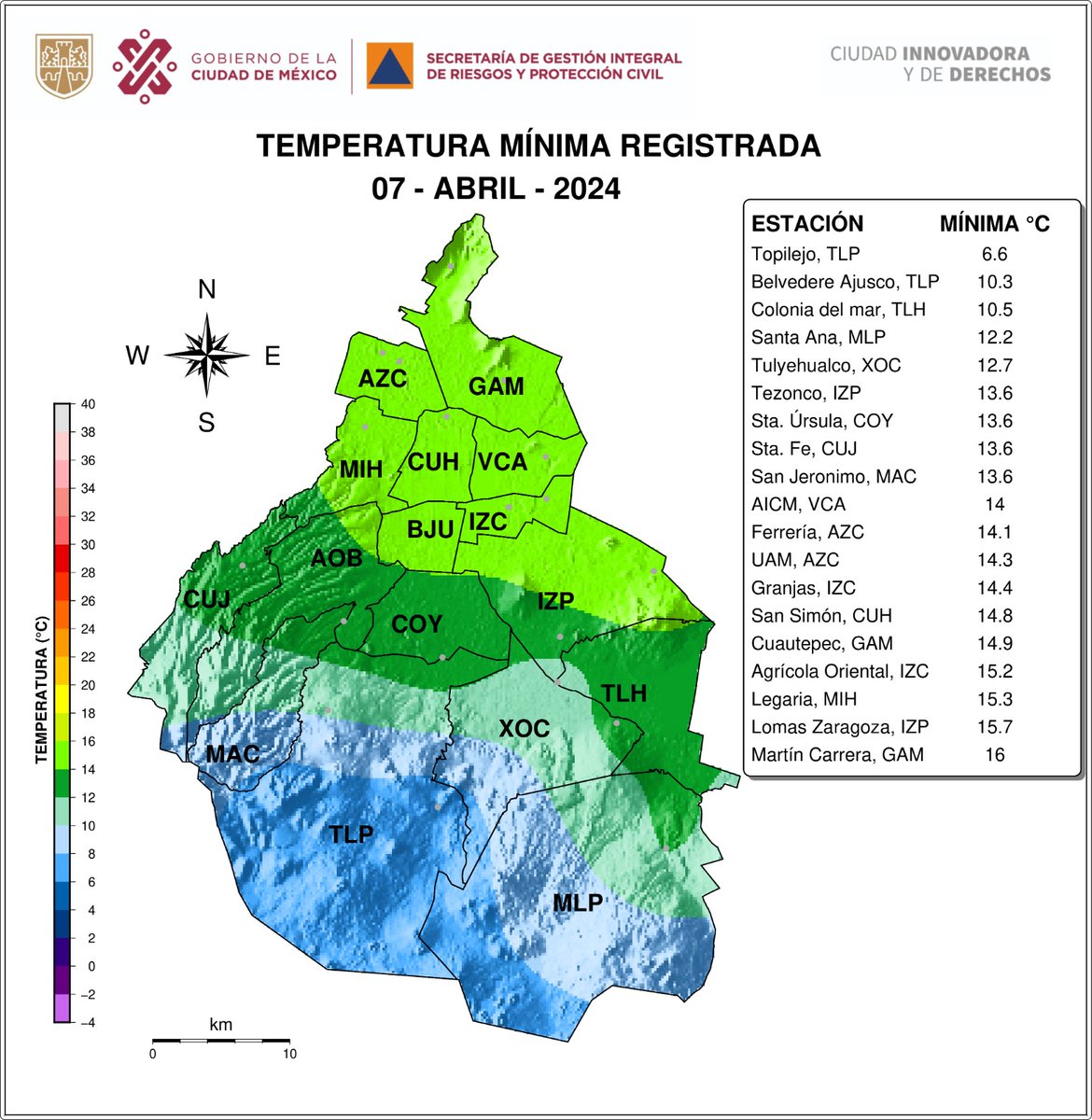 Distribución espacial de las temperaturas mínimas registradas el 07/04/2024 por las redes de estaciones de la SGIRPC y SENEAM. #TrabajandoJuntos #LaPrevenciónEsNuestraFuerza