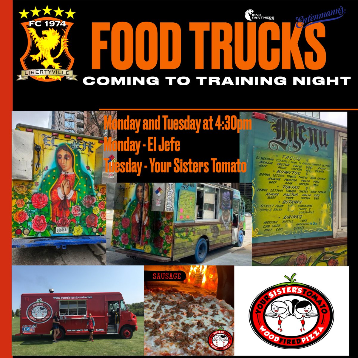 Dinner plans made easy Monday and Tuesday night this week! Food trucks will be parked next to the turf field. Come out and come hungry! #weare74