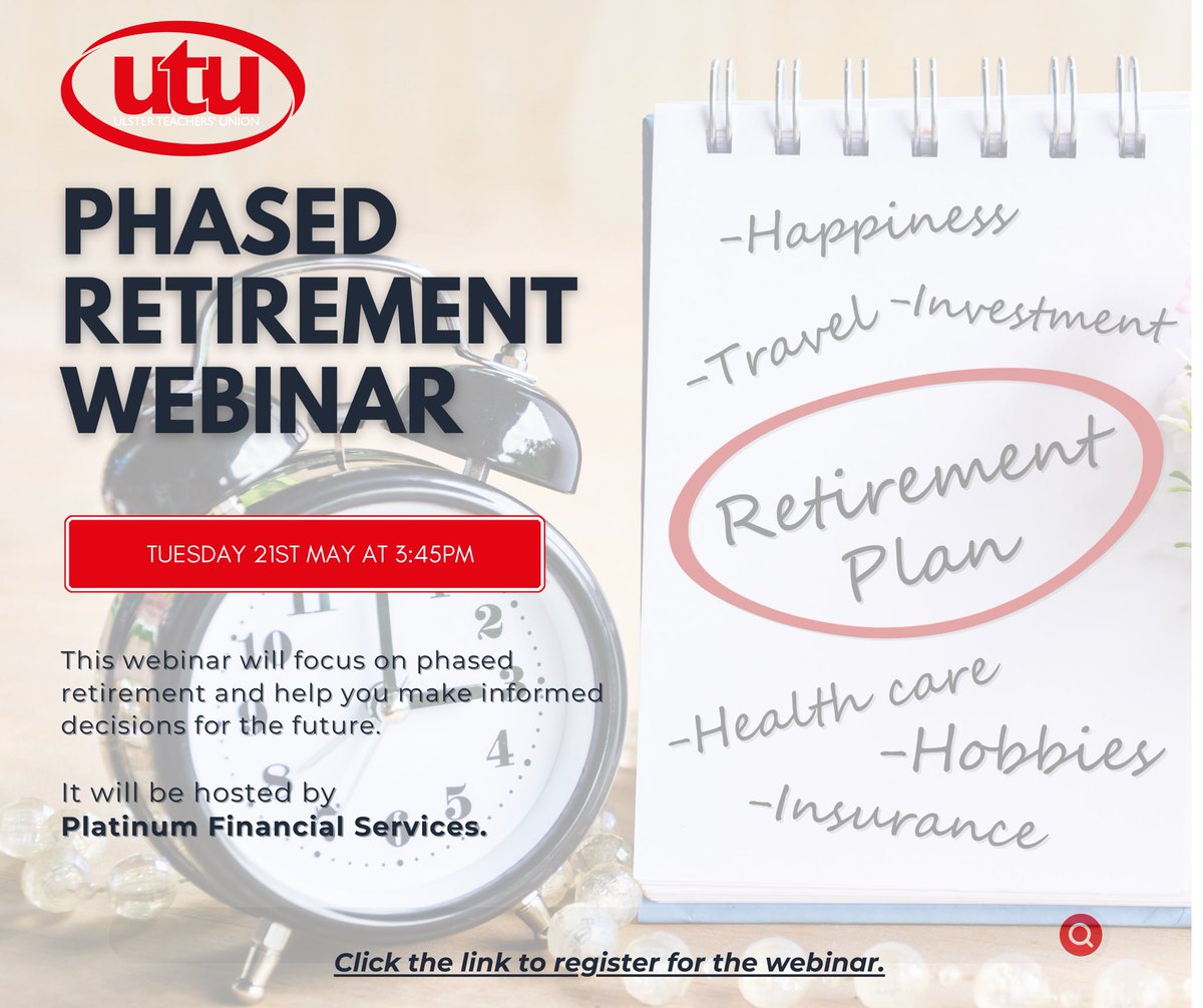 Registration is now open for the joint INTO and UTU Phased Retirement Webinar with @PlatinumFP . Taking place on Tue 21 May from 3.45 to 5.00pm this webinar will look specifically at Phased-Retirement options. ➡️To register link in bio ⬆️