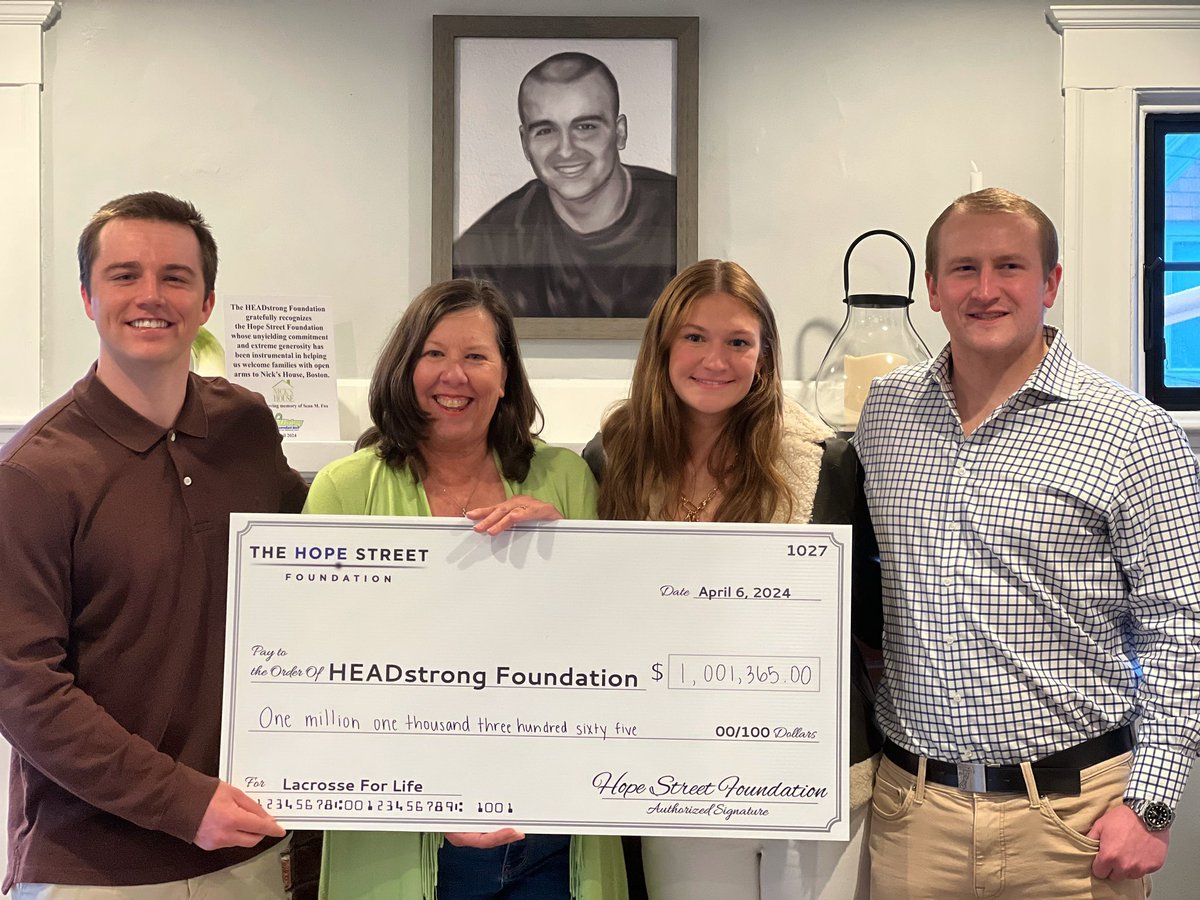 Last night we were honored to receive a check for $1,000,000 from the Hope Street Foundation as we prepare to open Nick’s House Boston! We can’t thank everyone who participated in the 2024 Lacrosse for Life Head-Shaving event & the Hope Street team enough for their generosity.