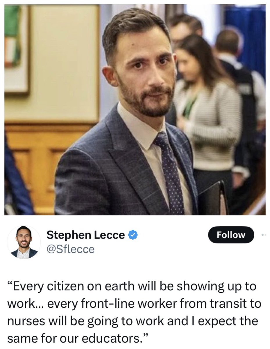 According to @sflecce, every citizen on earth will be showing up to work tomorrow. I assume that means we can expect to see every @OntarioPCParty MPP, including premayor @fordnation, at Queen’s Park tomorrow. Yes?