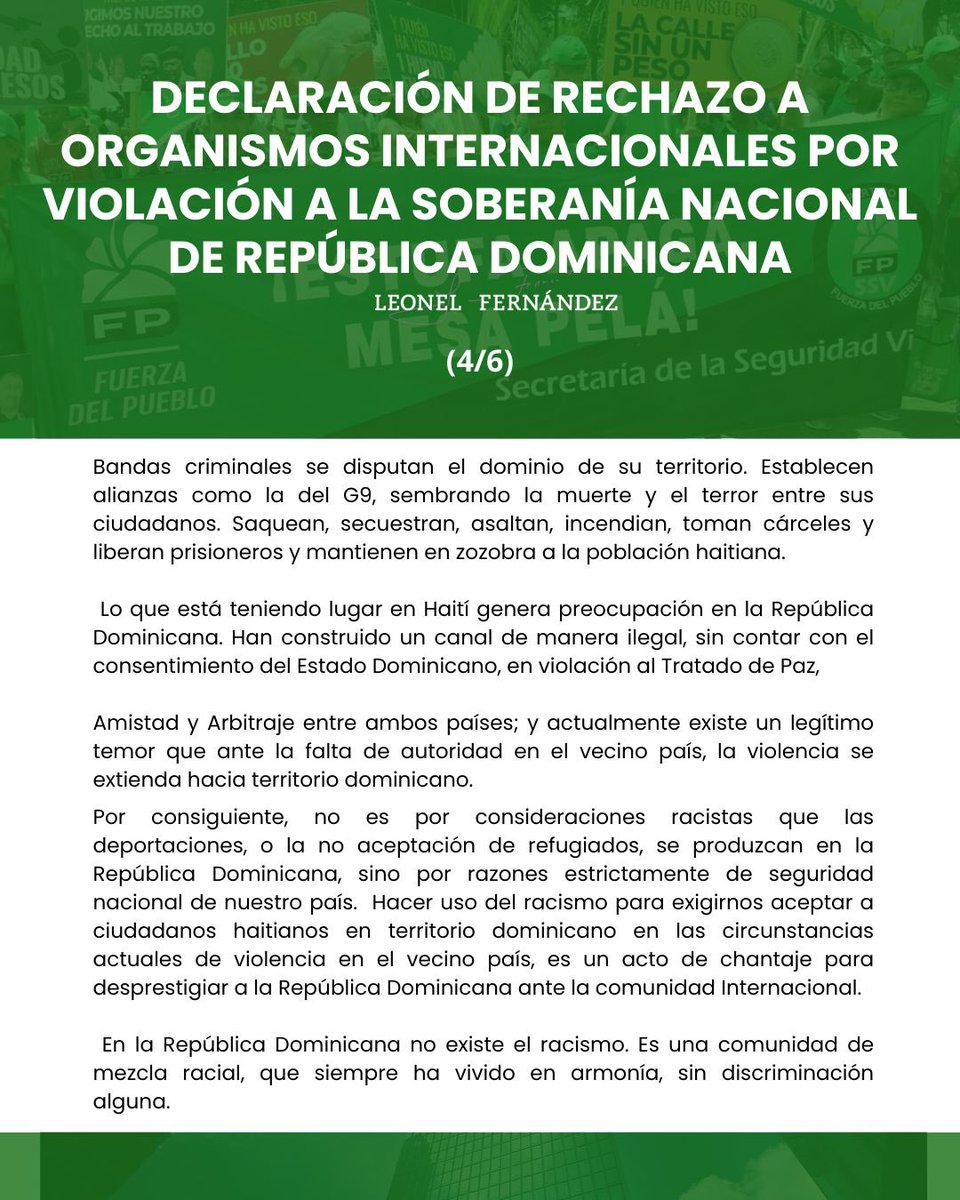 Declaración de rechazo a organismos internacionales por violación a la soberanía nacional de República Dominicana.

#LeonelFernández: "Defenderemos la soberanía nacional en todos los escenarios. Acusarnos de racistas es simplemente un chantaje".

#LeonelDefiendeSoberanía