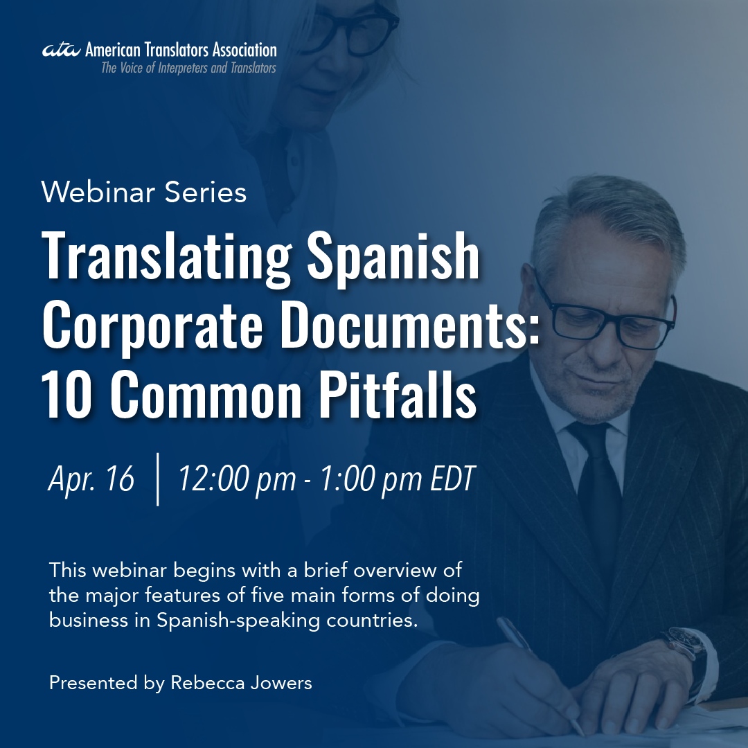 Join this webinar to delve into the intricacies of translating Spanish corporate documents. 🗂️

Learn more and register at atanet.org/event/translat…!
.
.
.
#Spanish #Documents #SpanishSpeaking #ATAwebinar #xl8 #ata