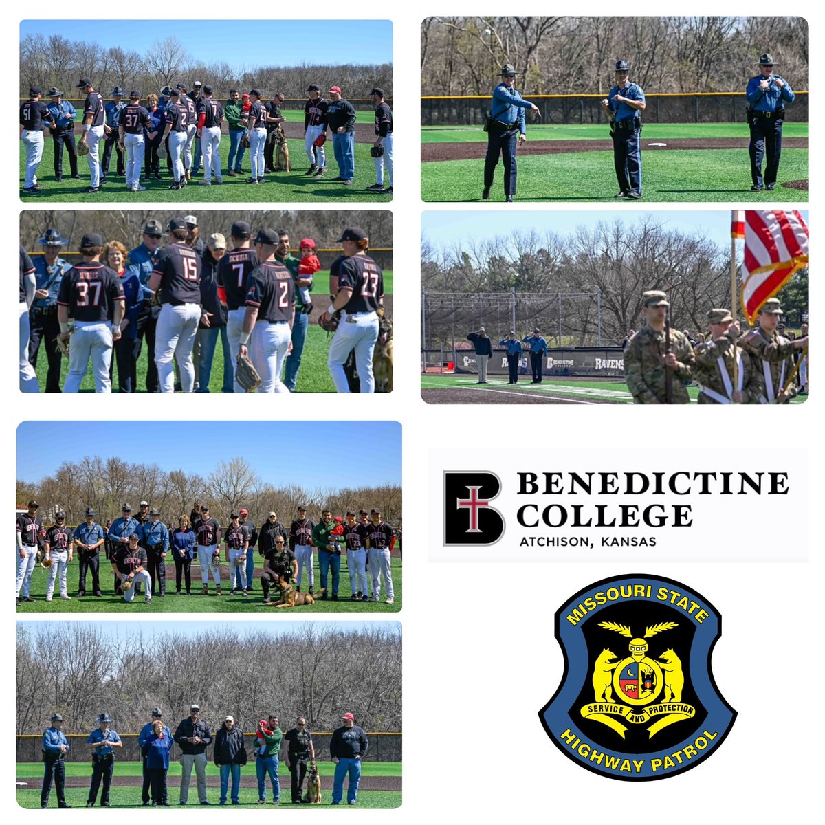 MSHPTrooperH's tweet image. Yesterday, Benedictine Baseball honored our heroes with a Military &amp;amp; First Responder Appreciation Day. Troop H elated to have Lt. Shane Sims, Lt. Travis Williams, and Retired Sgt. Kevin Haywood Sr. throw out the first pitch. Photos provided by Todd Nugent Photography. #Heroes