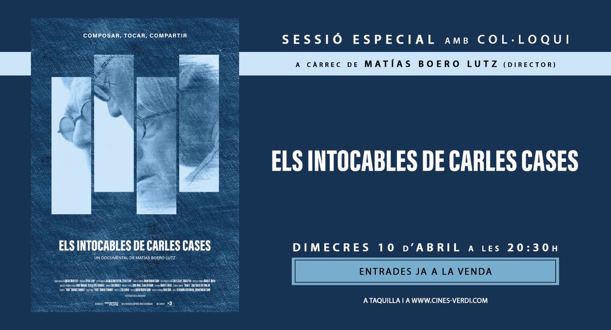 Dimecres 10 d'abril a les 20:30h no us perdeu la sessió especial de 'Els intocables de Carles Cases' amb col·loqui posterior amb el seu director Matías Boero, el mateix Carles Cases i el periodista Àlex Gorina. Entrades: shorturl.at/ijwV2