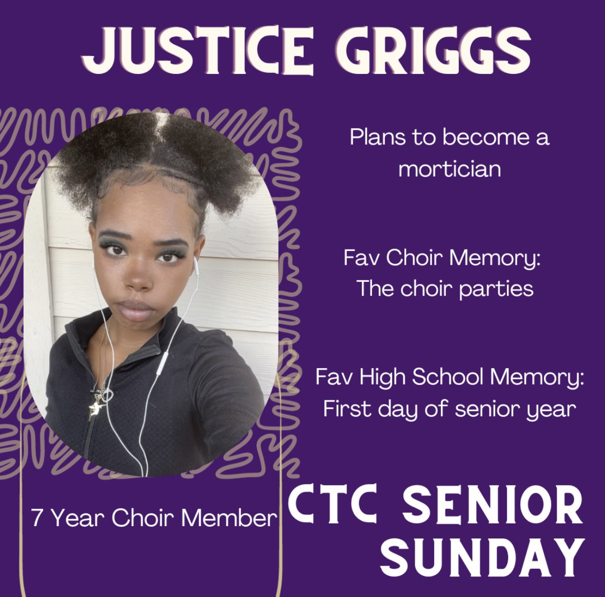 Our Senior Sunday shoutout of the week goes to 7 year choir member Justice Griggs! #SeniorSunday #CTChorale #LivePurpleSingGold