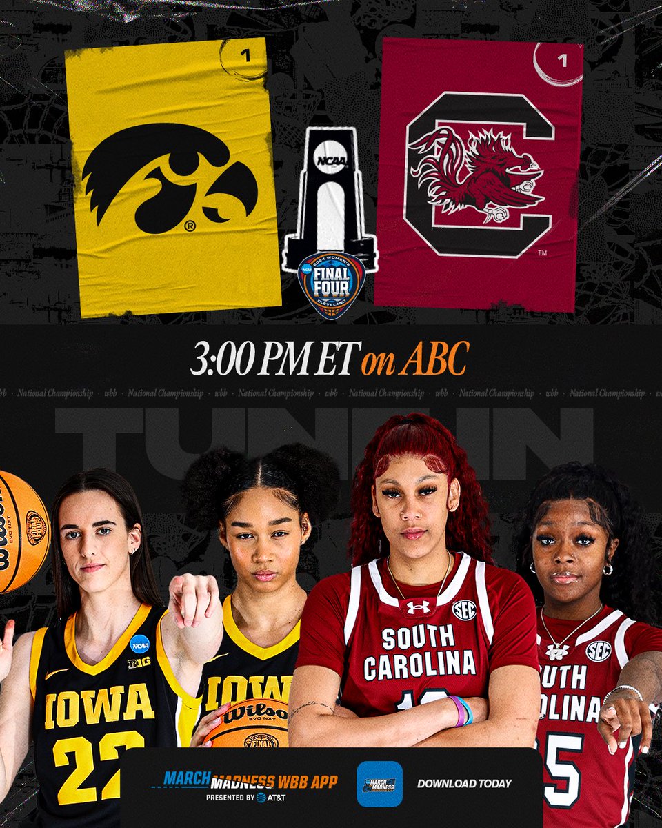 🏆 IT'S CHAMPIONSHIP SUNDAY 🏆 (1) @IowaWBB 🆚 (1) @GamecockWBB ⏰ 3:00 PM ET 📺 ABC 📻 Westwood One #WFinalFour