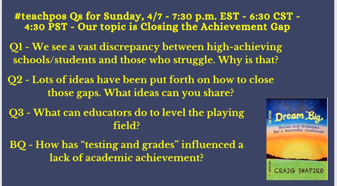 Closing the achievement gap #teachpos tonight. Qs - times are below. Vital topic to share @ChristineBemis2 @bethhill2829 @BrandonBeckEDU @BethFratesMD @ChrisQuinn64 @donna_mccance @Rdene915 @Scandela9 @mcdonald_kecia @redefineED @Toups_J @MatthewXJoseph @RitaWirtz @MPA_GOJAGUARS