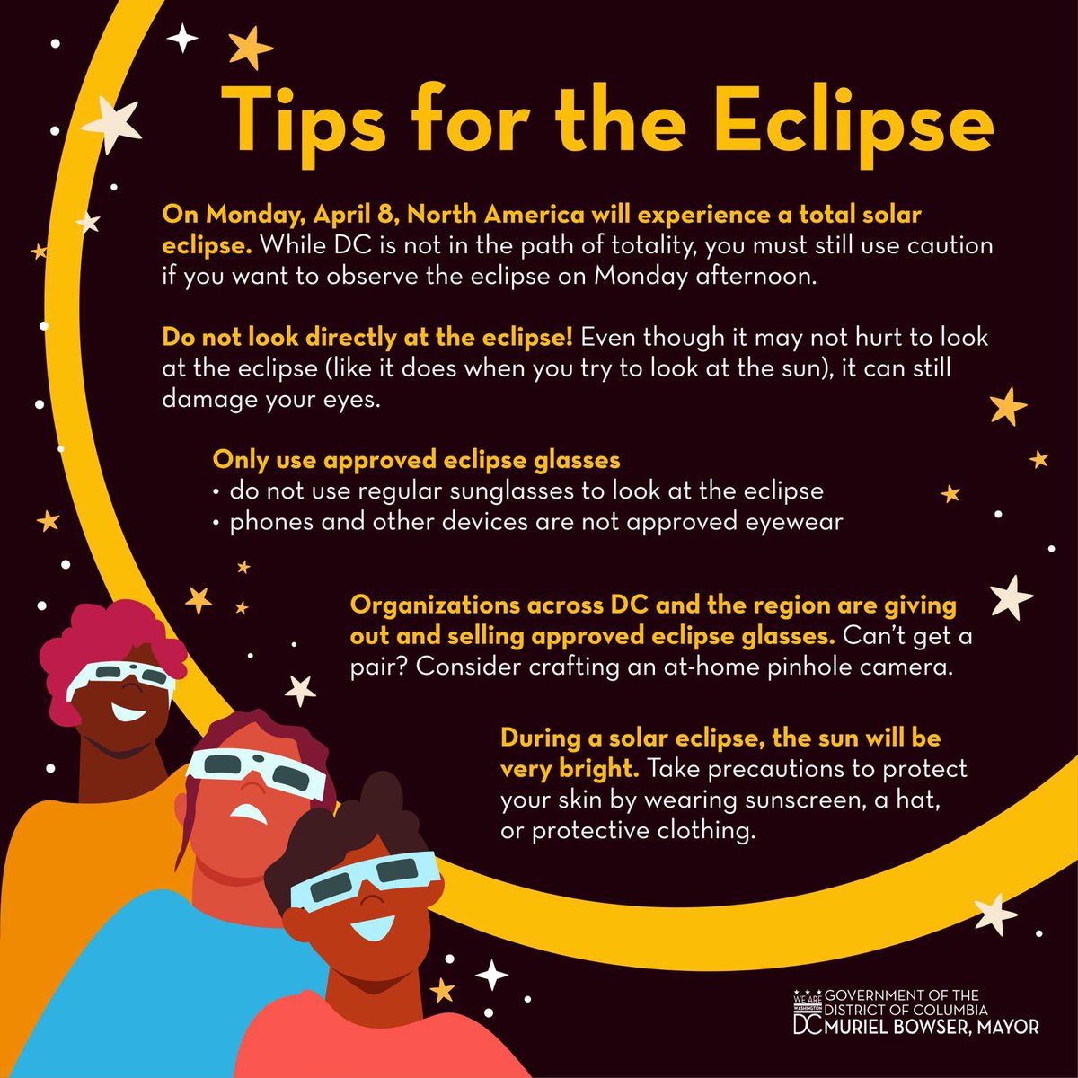 The solar eclipse is tomorrow and we want to make sure DC residents enjoy this exciting phenomenon safely.🌕 Follow best practices and keep your eyes protected⬇️