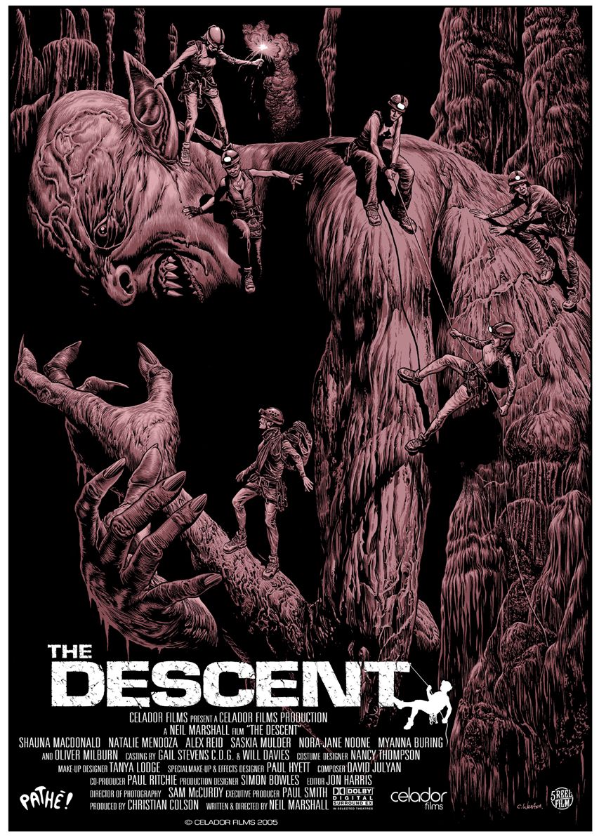 THE DESCENT (2005)
Espeleologia, cavernes laberíntiques i grutes claustrofòbiques en una pel·lícula sense grans noms ni grans pressupostos, que sap mantenir la tensió i la coherència mesclant elements realistes i fantàstics.

Disseny poster: Chris Weston