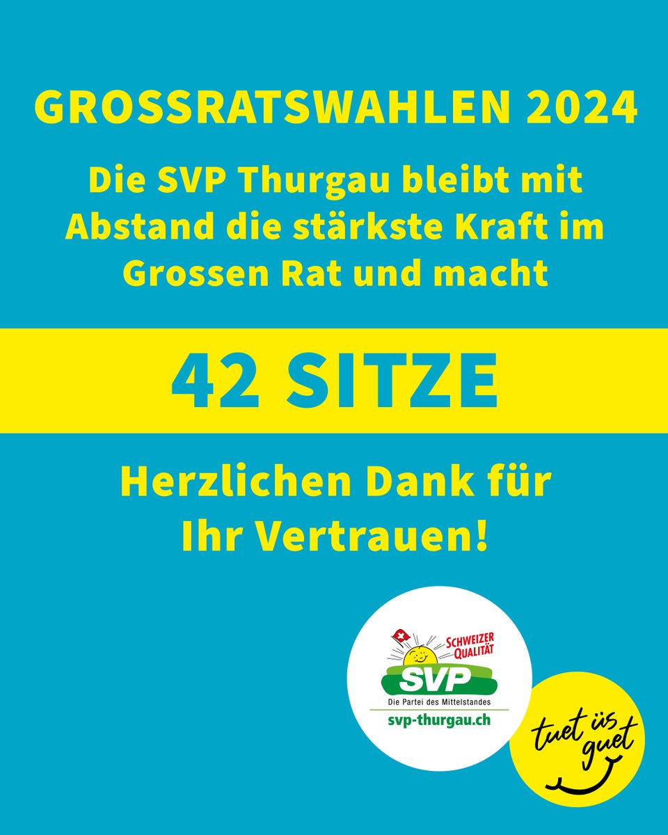 Grossratswahlen 2024: Die SVP Thurgau bleibt mit Abstand stärkste Kraft im Grossen Rat und macht 42 Sitze! Herzlichen Dank für Ihr Vertrauen!