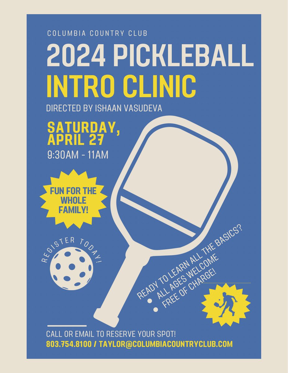 Join us at CCC’s upcoming pickleball clinic! All ages are welcome. Call 803.754.8100 or email Taylor@columbiacountryclub.com to reserve your spot!