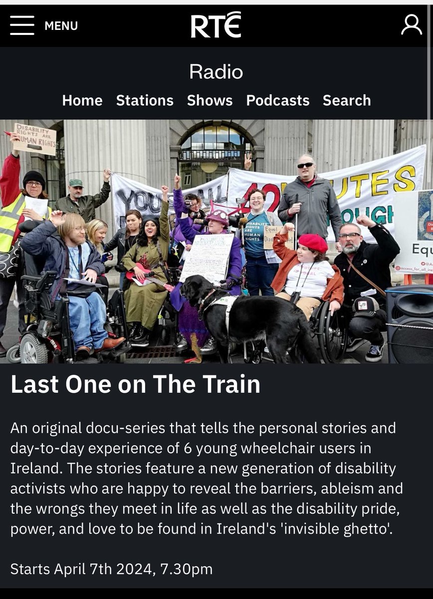 Don’t forget tonight on @RTERadio1 at 7:30pm we have the first of @susdennehy documentary series #LastOneOnTheTrain We can’t wait to hear our wonderful activists tell their stories about life in Ireland living with their disability and their wheelchairs!!!!!…