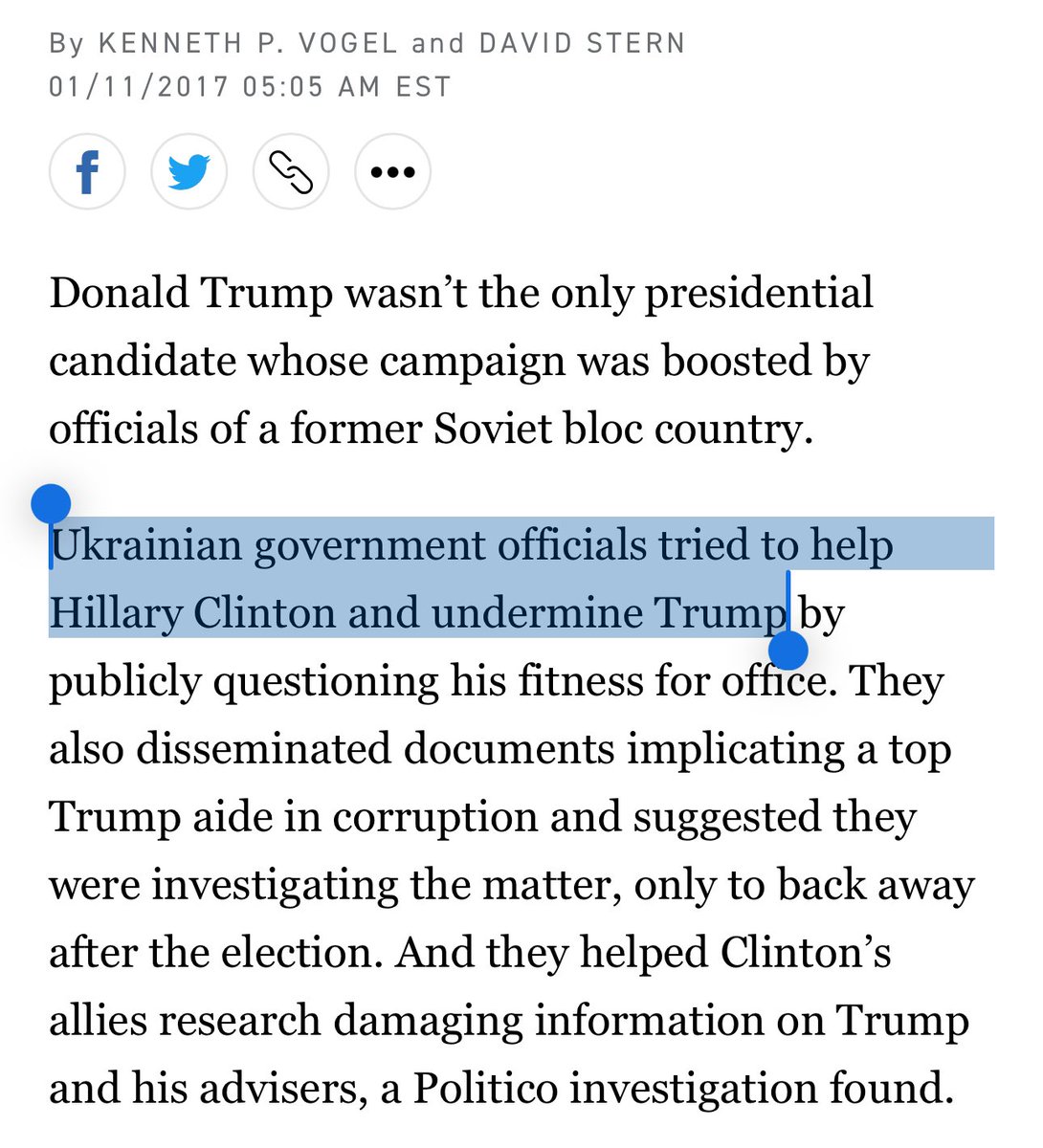 Washington Post today: Trump has “falsely blamed Ukraine for trying to help Democratic rival Hillary Clinton.” Politico in 2017: “Ukrainian government officials tried to help Hillary Clinton and undermine Trump by publicly questioning his fitness for office.”