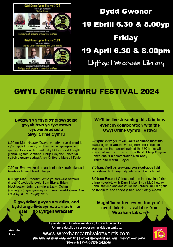 Love a good murder or thriller? #WrexCarnival10 is linking in with the Gŵyl Crime Cymru Festival. Join us as we livestream two events with author panels. Fri 19th April. Thank you @CrimeCymru for including us! #FREE event @WxmLibraries