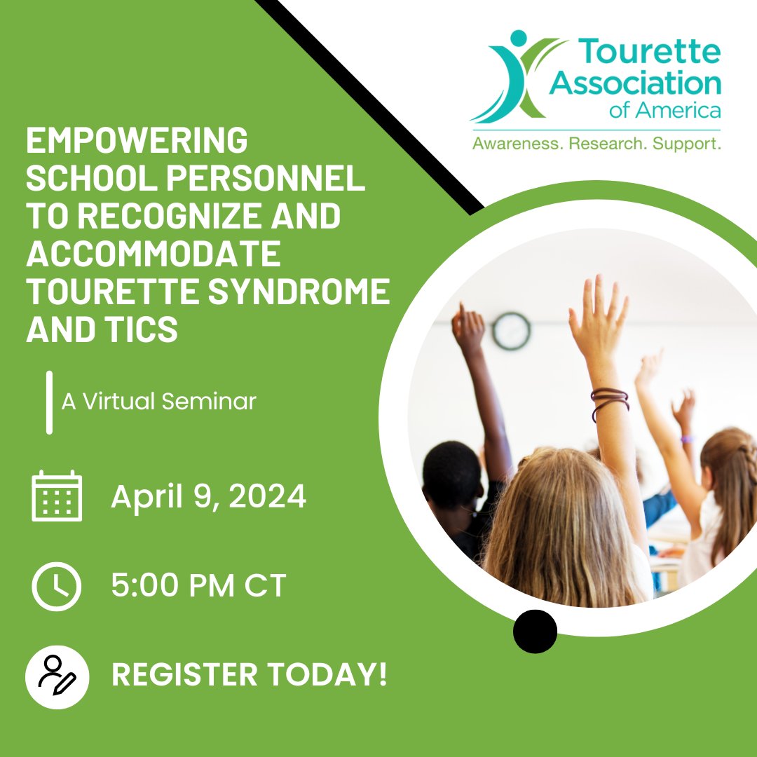 📣Happening on Tuesday, 4/9, at 5pm CT, school professionals are invited to a virtual seminar to learn about #TouretteSyndrome and other #TicDisorders, how to develop appropriate accommodations for students with tics, and more! 🔗Register now: redcap.wustl.edu/redcap/surveys… #Tics