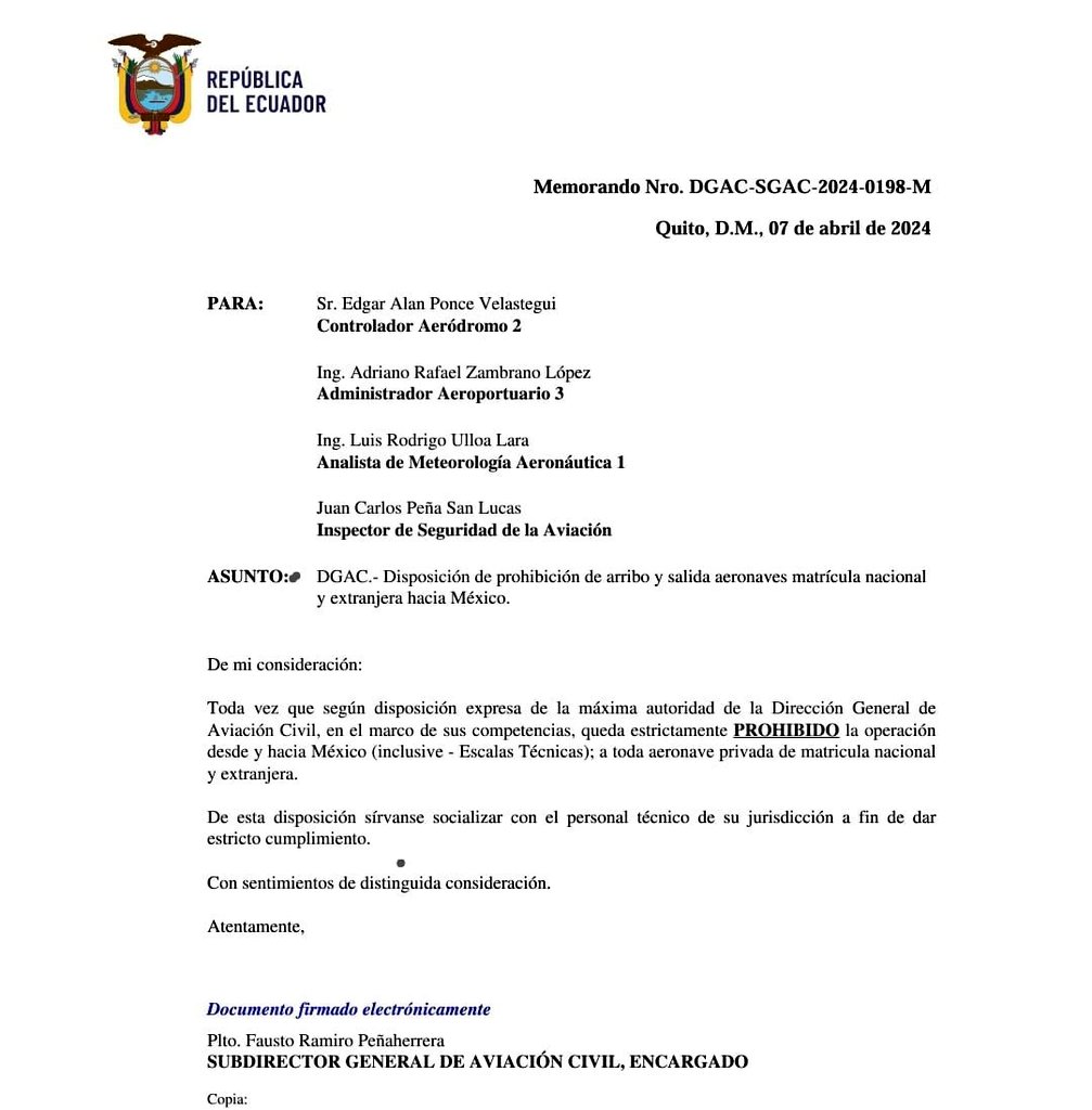 SE VOLVIERON LOCOS

La <a href="/DGAC_Ecuador/">DGAC Ecuador (DAC)</a> prohíbe las operaciones aéreas desde y hacia México (inclusive escalas técnicas) a toda aeronave privada de matrícula nacional y extranjera.