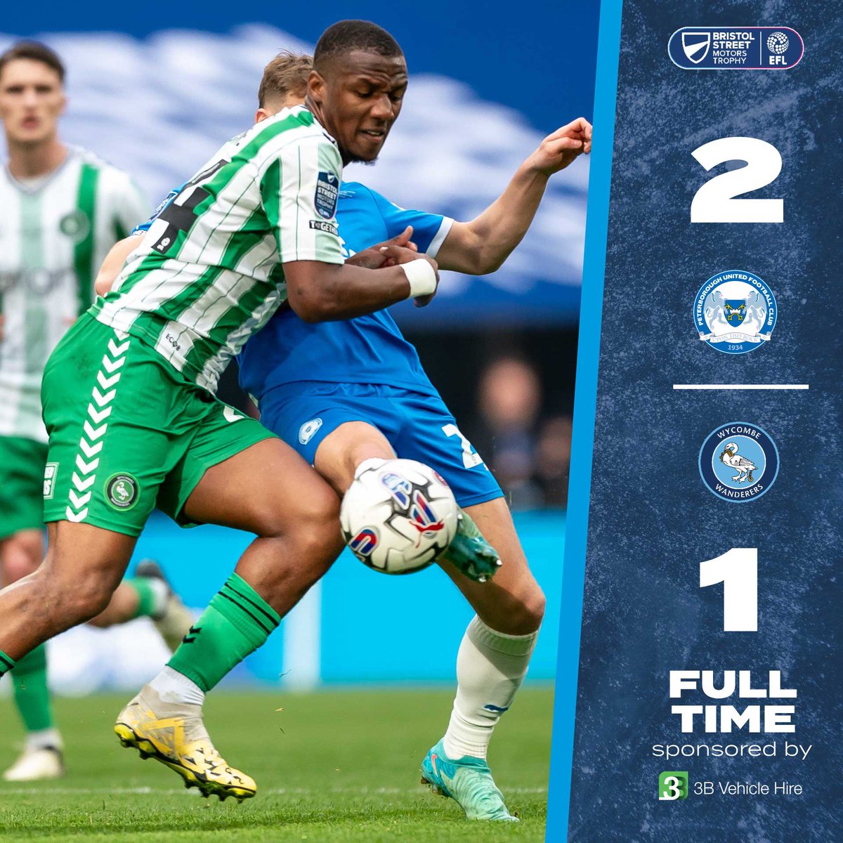 wwfcofficial's tweet photo. FT: Peterborough 2-1 Wycombe

We’re defeated at the final stage. https://t.co/1VK8R5P2Fc
