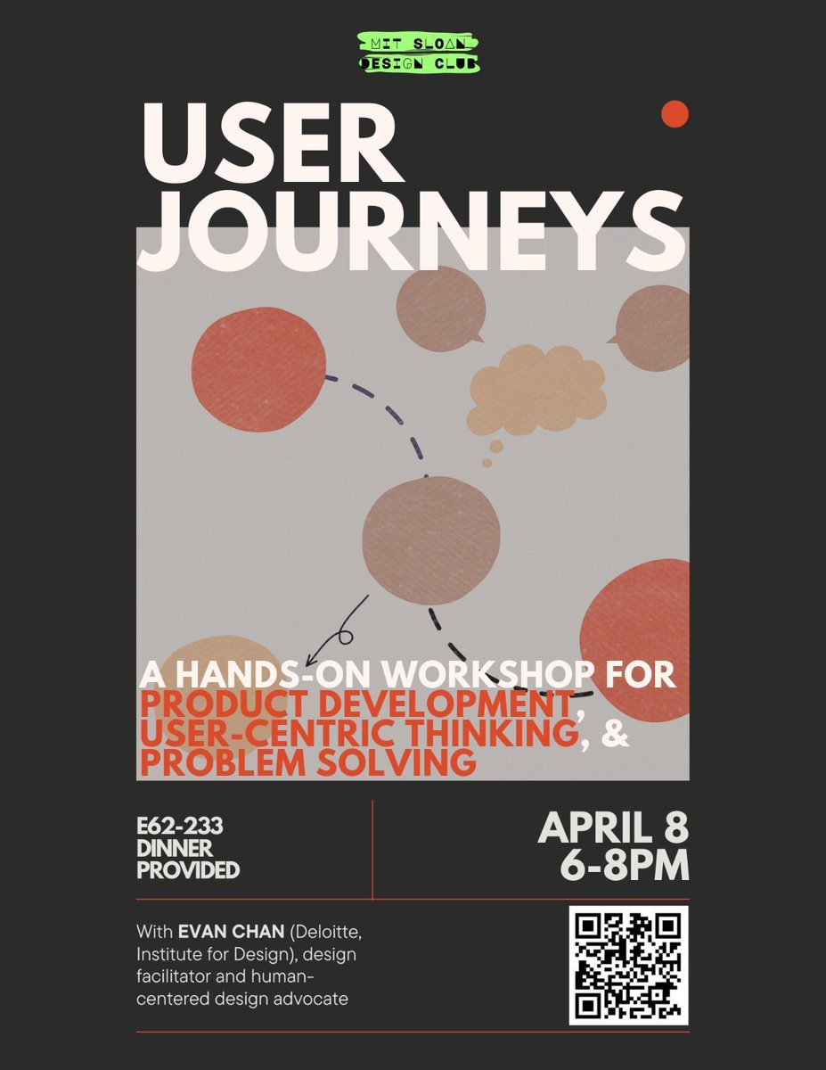 ✨ Curious about human-centered design? RSVP for a dinner and workshop hosted by the MIT Sloan Design Club with Evan Chan (Deloitte, Institute for Design)! April 8, 2024 6-8pm Building E62-233 RSVP: buff.ly/3TOXQUH @MITSloan