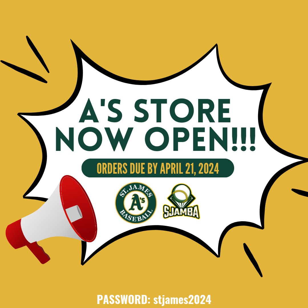 The A's store is NOW open!
When loading up your cart, choose the team that you are trying out for and we will get your order to you. 
The store will close on April 21, 2024 as we aim to have all orders delivered the 2nd week of May.

PASSWORD: stjames2024 ondeckapparel.ca/stjames-as