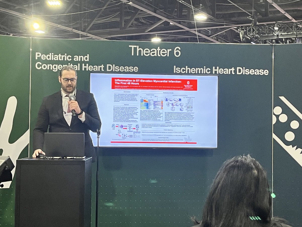 Student-Scientist Sam Watson at the podium at #ACC24 sharing his novel findings on inflammation in patients with STEMI. So proud to watch him develop his career @OhioStateMed @OSUWexMed and @OhioStateDHLRI in our phenomenal Biomedical Sciences Graduate Program.