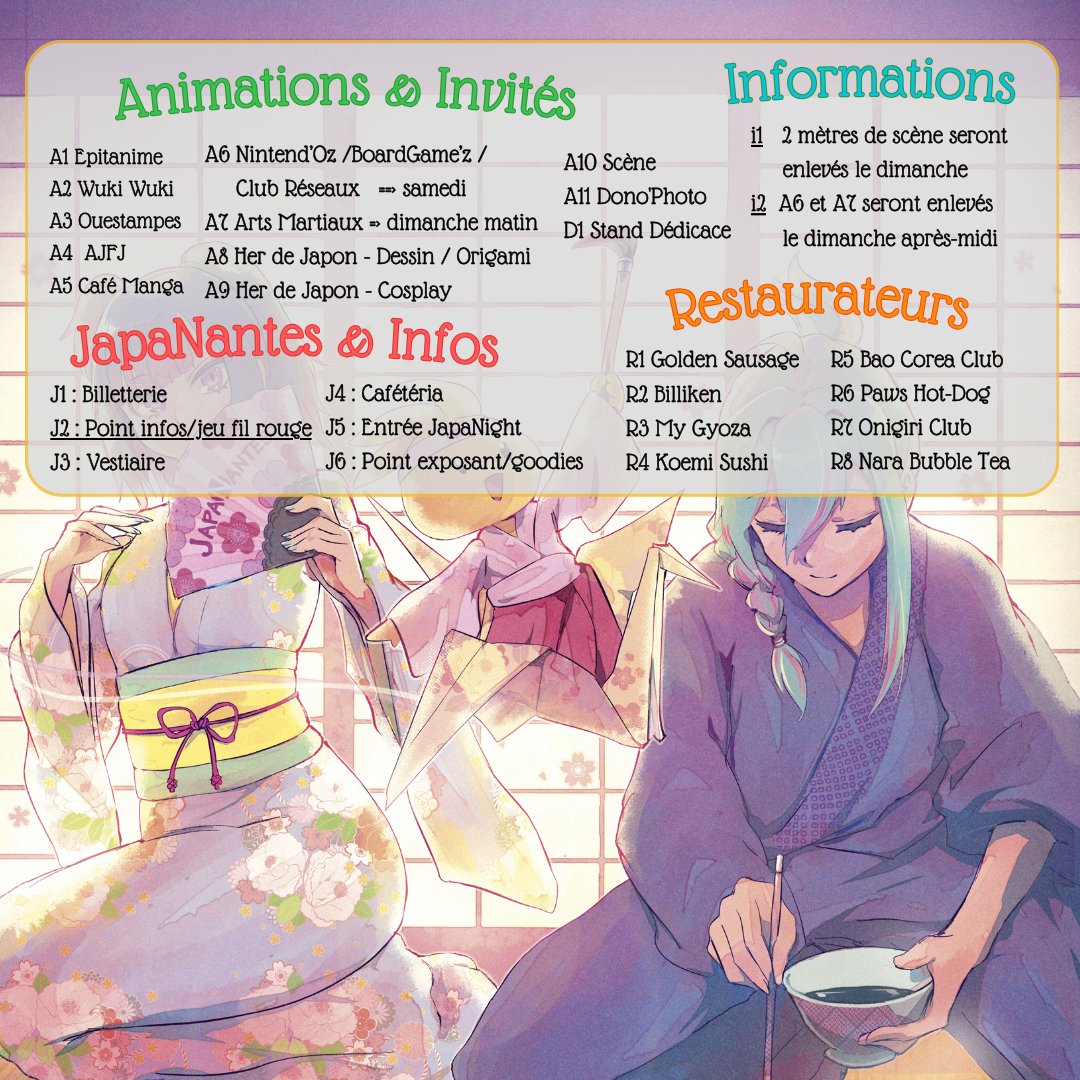 JapaNantes's tweet photo. 📍 Voici le plan de cette 13ème édition de JapaNantes ! Retrouvez-y les animations, les exposants, les points importants ainsi que les restaurateurs.

⚠️ Rappel ⚠️
N’hésitez plus à prendre vos places, il reste moins que 2 semaines avant l'évènement ! 😊
👉 https://t.co/UBXXd7YttH https://t.co/MDq01JB9s7