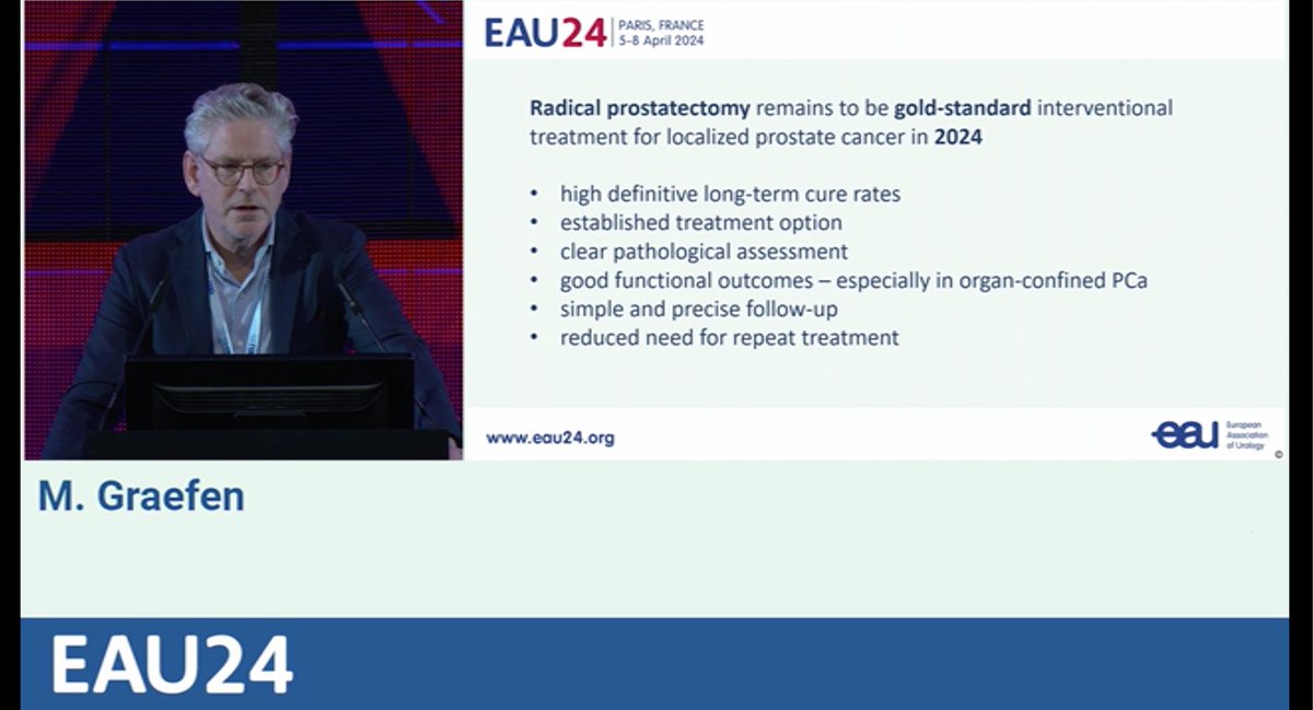 In the nuanced landscape of focal therapies for localized prostate cancer, does the spotlight remain on the enduring champion: radical prostatectomy, @MarkusGraefen?  Proven efficacy, framed by years of successful outcomes.#EAU24 #UrologyExcellence #ProstateCancerCare