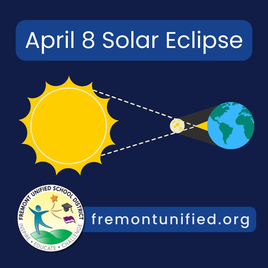 Today is cosmically cool because: 1) We're coming back from Spring Break! 2) There's a #SolarEclipse! #FremontUnified schools will remind students not to look directly at the sun - that's never safe! Find info on timing, safety tips, and a livestream: fremontunified.org/news/april-8-s…