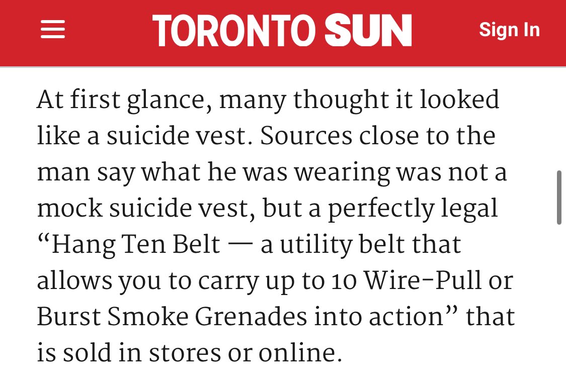 Tweet says: “Protesters appear to wear suicide vests” Several paragraphs into the article, it clarifies: “Not a mock suicide belt, but a perfectly legal … utility belt”