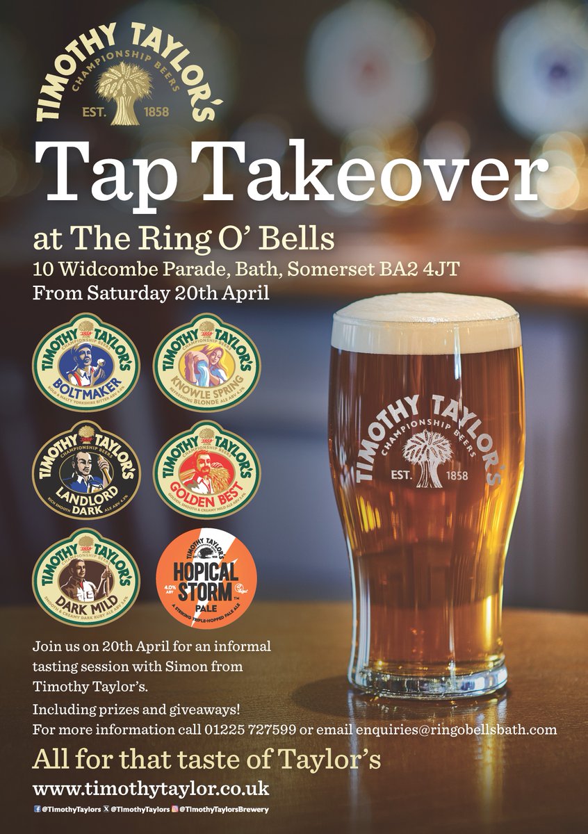 𝗧𝗜𝗠𝗢𝗧𝗛𝗬 𝗧𝗔𝗬𝗟𝗢𝗥'𝗦 𝗧𝗔𝗣 𝗧𝗔𝗞𝗘𝗢𝗩𝗘𝗥 📍 Ring O Bells Bath, 10 Widcombe Parade 📅 Saturday 20th April 🍺 Boltmaker, Landlord Dark, Knowle Spring, Golden Best, Dark Mild and Hopical Storm 📞 For more info call 01225 727599 or email enquiries@ringobellsbath.com