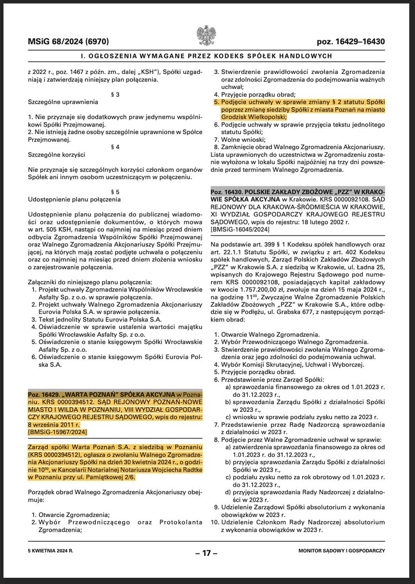 30.04.2024 - Warta Poznań ma zostać przemianowana na Wartę Grodzisk Wielkopolski i jest to informacja z Monitora Sądowego i Gospodarczego Warta Poznań w tej dacie ma przestać istnieć, siedziba klubu ma zostać całościowo przeniesiona do Grodziska Wielkopolskiego. Miasto Poznań…