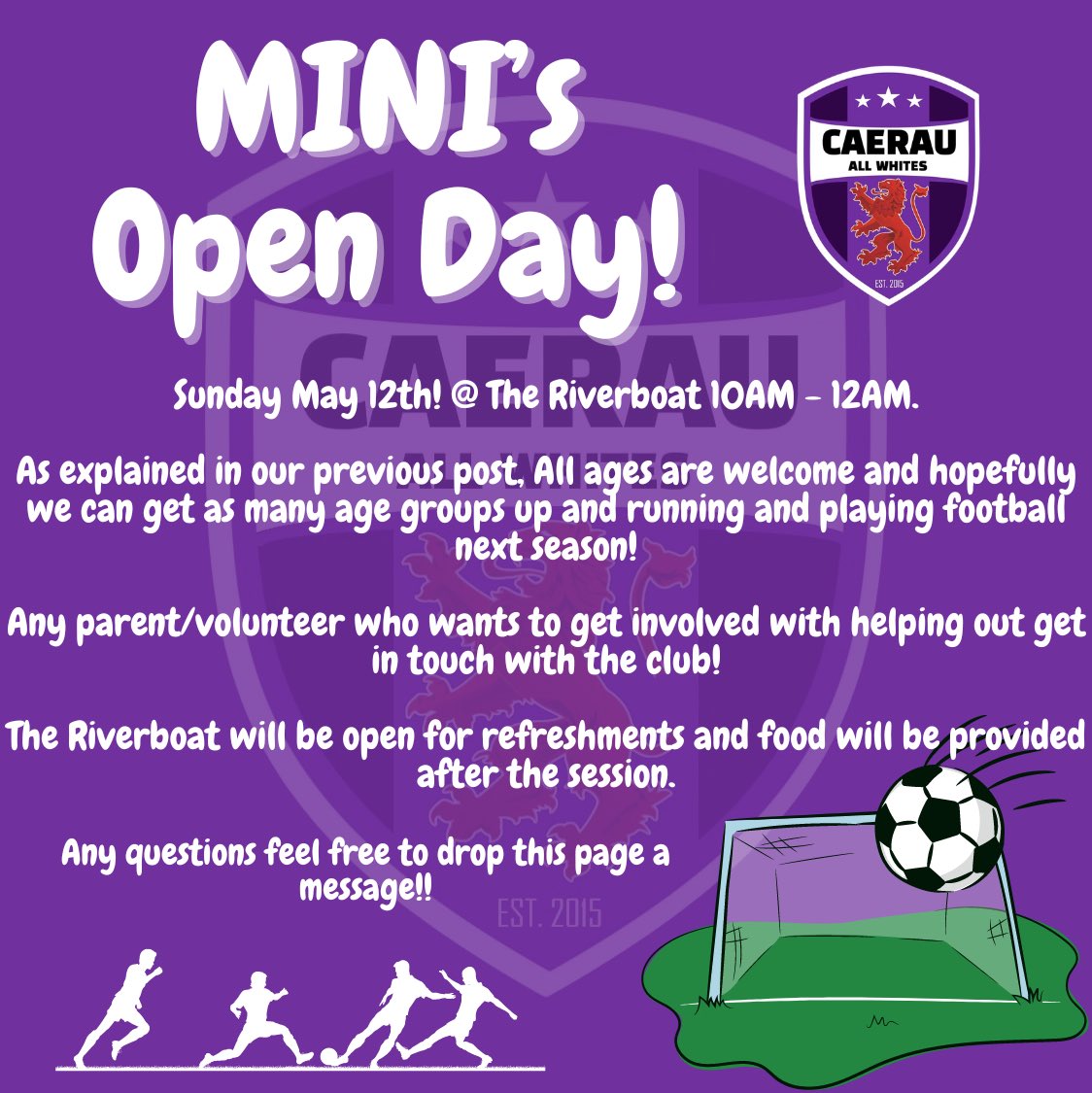 The date for the open day has been decided. May 12th, details below! 

Would be great to see a big turn out and hopefully get as many children and youngsters back playing football in Caerau! Been a long time coming 💜 

Please share and spread the word, see you all on the 12th 🙌🏼
