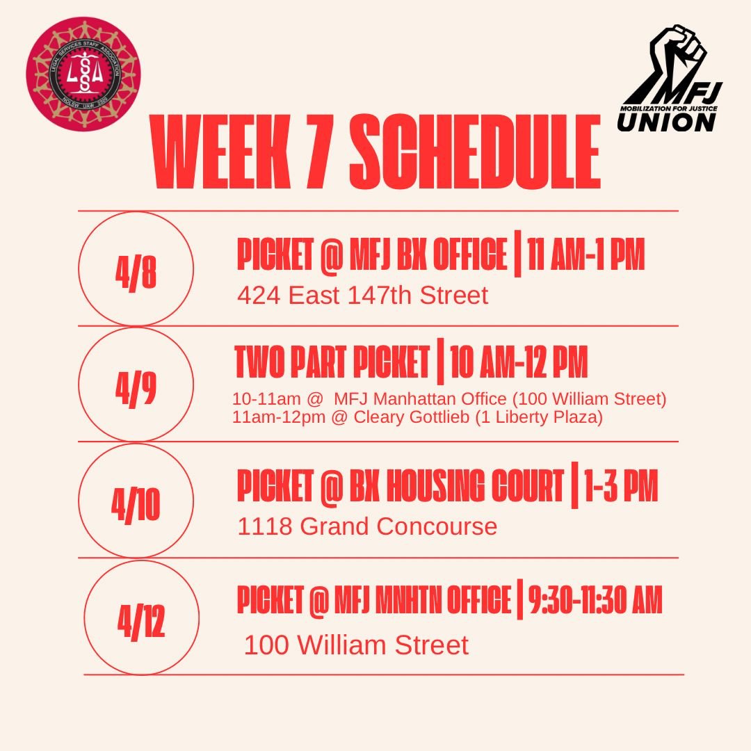 📣 📣 Our Week 7 picket schedule 📣 📣 During the worst crisis of homelessness in modern NYC history, @MFJLegal ED has kept our union on strike for 7 weeks! The longest NYC legal service worker strike in more than two decades. Our clients and MFJ staff deserve better.