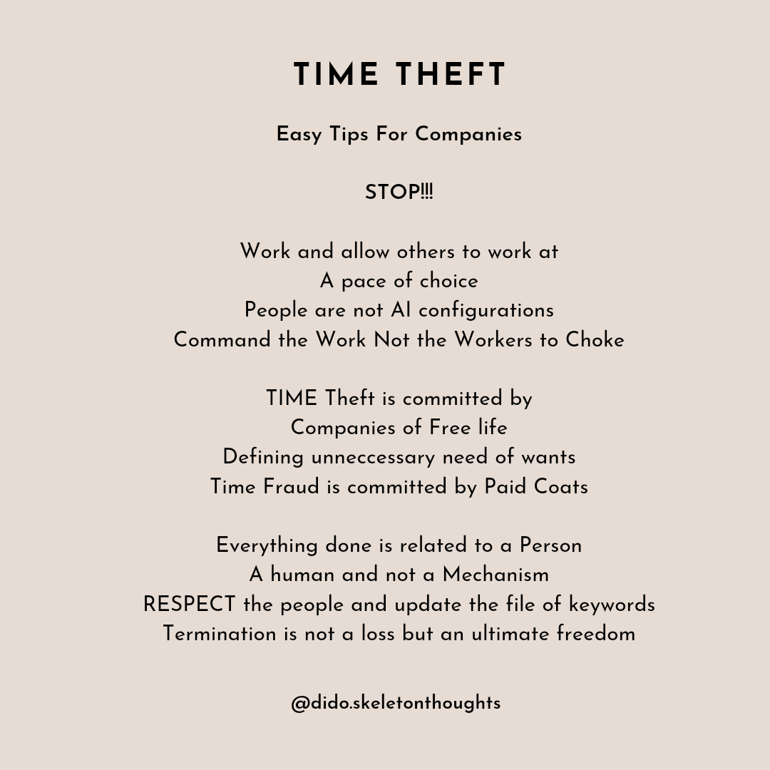 Time Theft 
#timeisfree #timeislife #timelapse #EclipseSolar2024 #trending #corporatenews #Timefraud #reddit #skeletonthoughts
@didoskeletons 
Is Life work or 
Is Work Life?