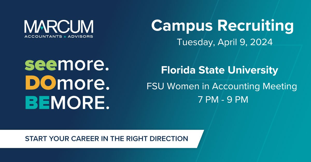 Our campus recruiters will be at @FloridaState on Tuesday, April 9th. Don't miss this opportunity to learn how you can become part of Marcum's dynamic team that values growth, innovation, and inclusion. View future campus events here: hubs.ly/Q02mmLfz0 #AskMarcum #hiring