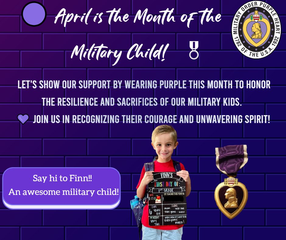 The Military Order of the Purple Heart (@moph_hq) on Twitter photo 𝐇𝐨𝐧𝐨𝐫𝐢𝐧𝐠 𝐎𝐮𝐫 𝐘𝐨𝐮𝐧𝐠 𝐇𝐞𝐫𝐨𝐞𝐬: 𝐂𝐞𝐥𝐞𝐛𝐫𝐚𝐭𝐢𝐧𝐠 𝐭𝐡𝐞 𝐌𝐨𝐧𝐭𝐡 𝐨𝐟 𝐭𝐡𝐞 𝐌𝐢𝐥𝐢𝐭𝐚𝐫𝐲 𝐂𝐡𝐢𝐥𝐝.
Want your child/grandchild featured in one of our posts this month? E-mail me directly at marketingdirector@purpleheart.org
#MilitaryKids 𝐇𝐨𝐧𝐨𝐫𝐢𝐧𝐠 𝐎𝐮𝐫 𝐘𝐨𝐮𝐧𝐠 𝐇𝐞𝐫𝐨𝐞𝐬: 𝐂𝐞𝐥𝐞𝐛𝐫𝐚𝐭𝐢𝐧𝐠 𝐭𝐡𝐞 𝐌𝐨𝐧𝐭𝐡 𝐨𝐟 𝐭𝐡𝐞 𝐌𝐢𝐥𝐢𝐭𝐚𝐫𝐲 𝐂𝐡𝐢𝐥𝐝.
Want your child/grandchild featured in one of our posts this month? E-mail me directly at marketingdirector@purpleheart.org
#MilitaryKids