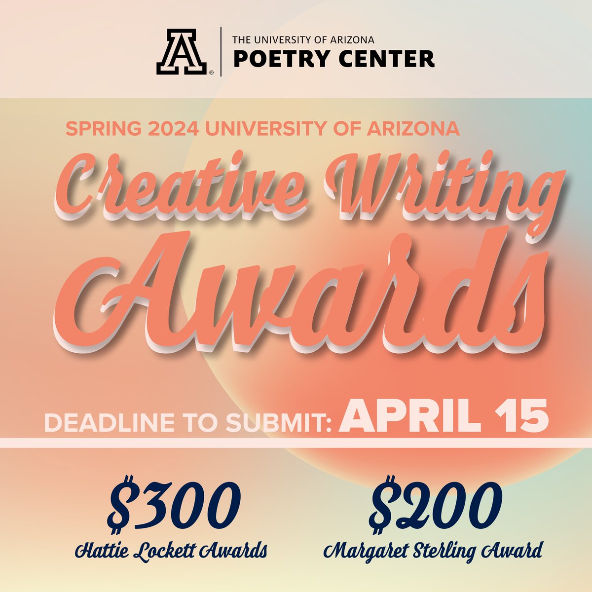 SPRING 2024 University of Arizona Creative Writing Awards! Three awards of $300 each will be given as Hattie Lockett Awards One award of $200 will be given as the Margaret Sterling Award Learn more and submit here: docs.google.com/forms/d/e/1FAI…