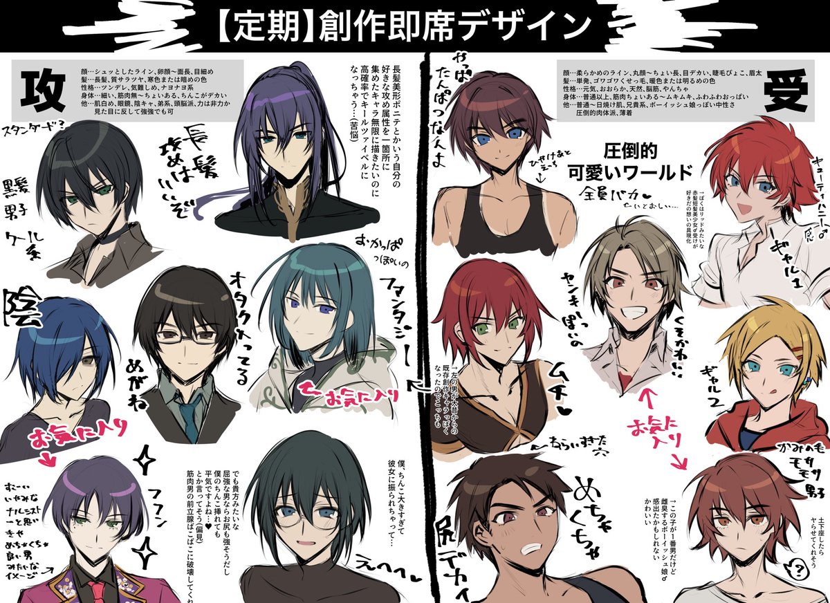 【創作】自分の好きそうなキャラを即席でデザインした
←攻め 受け→ 