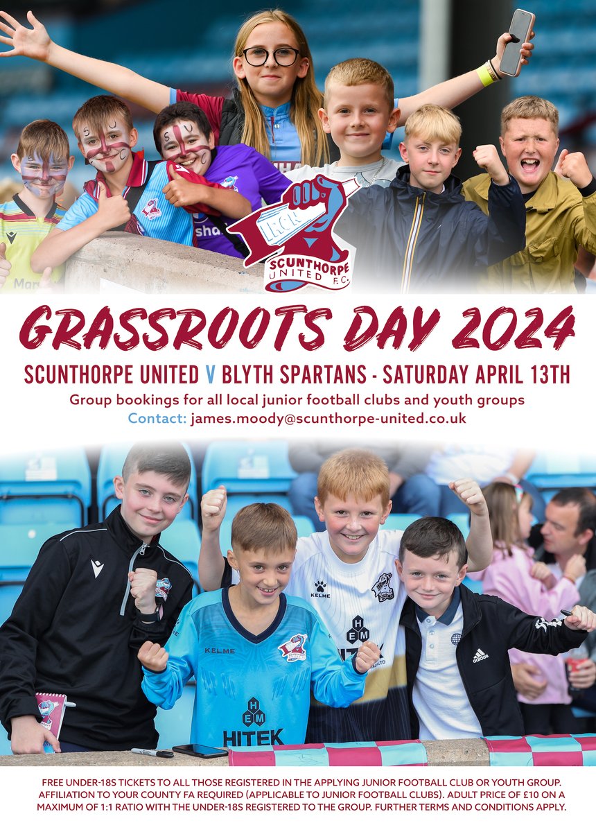 🌱⚽️👦👧 ICYMI: GRASSROOTS BOOKINGS FOR BLYTH SPARTANS HOME CLASH 𝒯𝒽𝒾𝓈 𝓌𝑒𝑒𝓀𝑒𝓃𝒹 𝒶𝓉 𝓉𝒽𝑒 𝒜𝓉𝓉𝒾𝓈 𝒜𝓇𝑒𝓃𝒶... Scunthorpe United is welcoming grassroots bookings for our Vanarama National League North fixture against Blyth Spartans on Saturday, April 13th, 2024