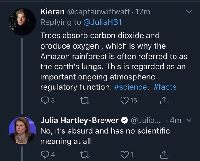 Julia Hartley-Brewer doesn’t understand photosynthesis, or that trees are made mostly out of Carbon. Don’t RT her stupidity that would be embarrassing.